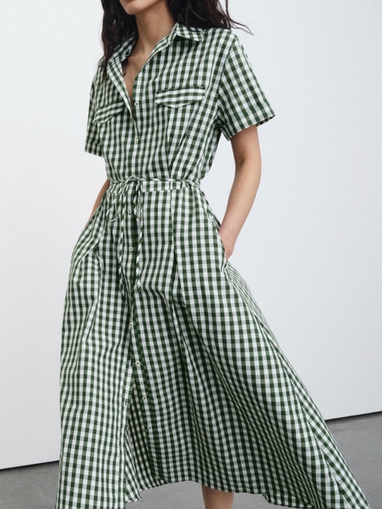 Zara Dresses & Skirts - Zara Green Gingham Maxi Shirt Dress with Tie Waist